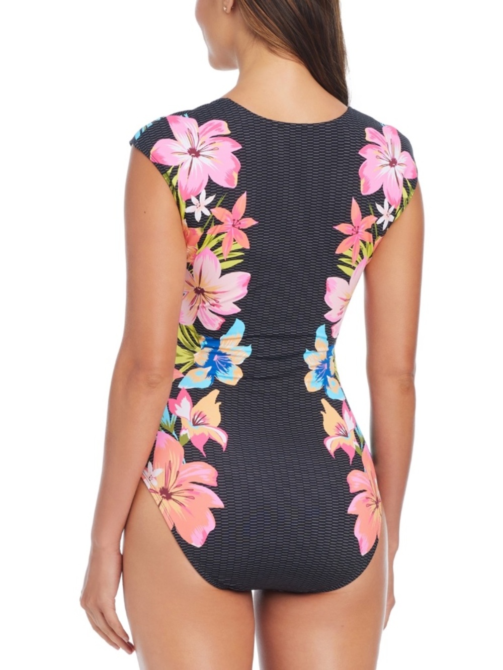 A zip-front closure and cap sleeves lend a unique finish to this side printed - Picture 2 of 2